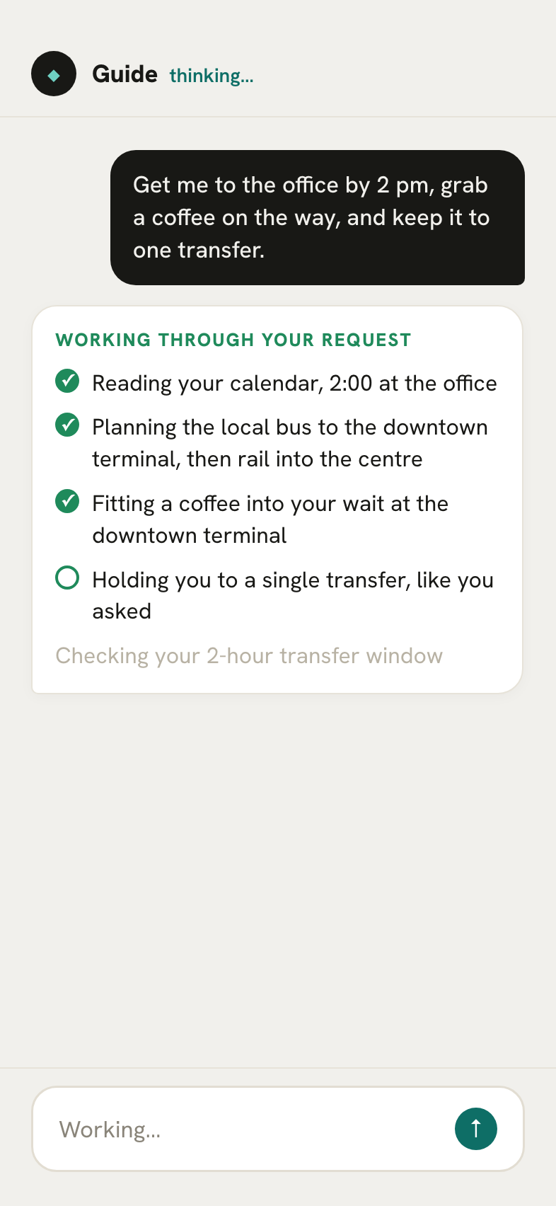 RideGuide answering a plain-language question with a full transit plan.