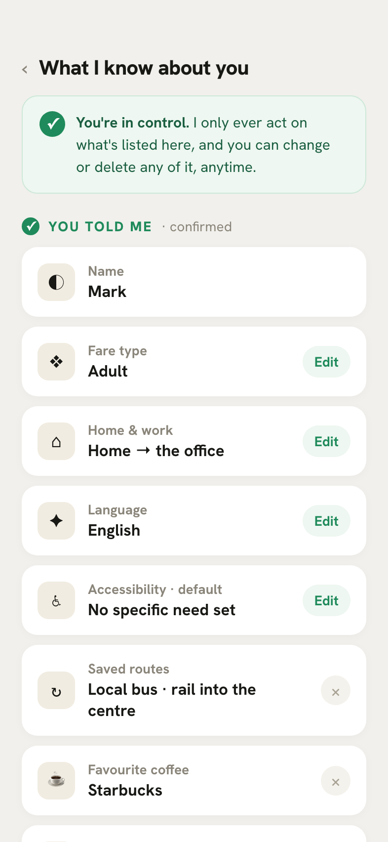 Everything RideGuide knows about you, on one screen you control.