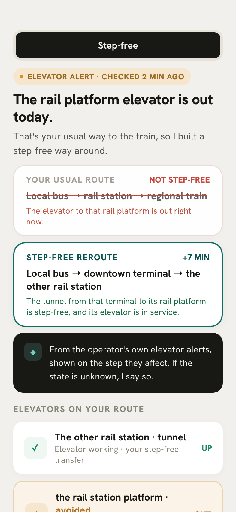 An operator's elevator alert landed on the exact step it affects, with an alternative offered.